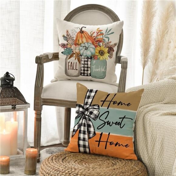 Fall Pumpkin Home Sweet Home Pillow Covers - 18x18 Inch, Set of 4 Autumn Designs - Picture 5 of 7